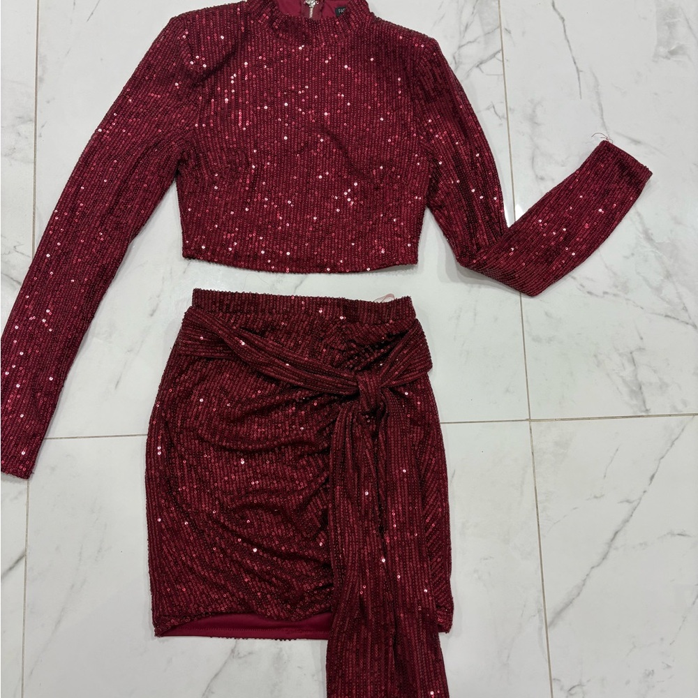 Red Sequin Mini Wrap Skirt Set